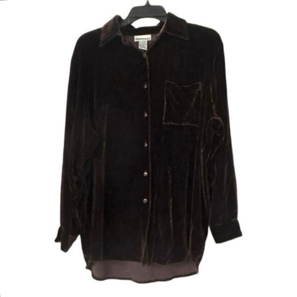 JONES & CO Vintage Silk Blend Chocolate Brown Velvet Oversized Button Down Top S - Picture 2 of 10